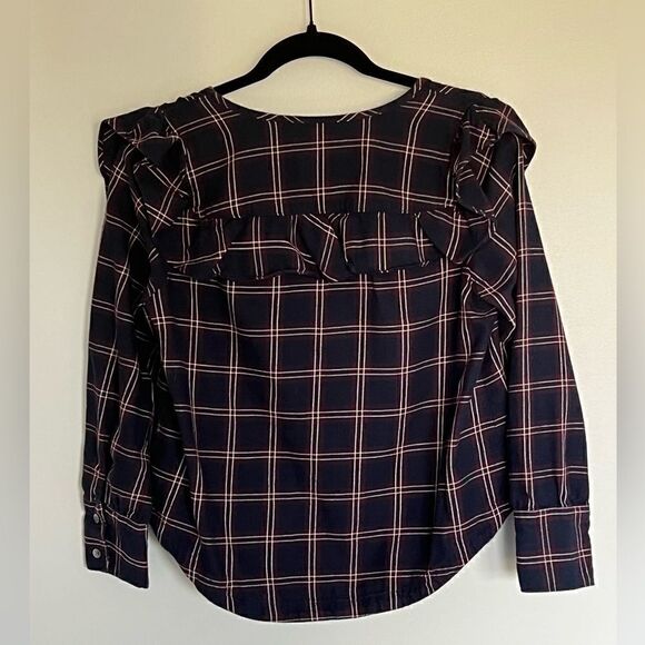 *2/$30* Madewell size XS *runs big* navy and burgundy plaid ruffle yoke shirt - Picture 4 of 5